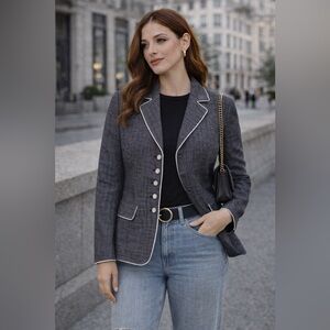 Vintage Tahari Silk Blend Blazer | White Piping | Grey Fully Lined | Size 6–8